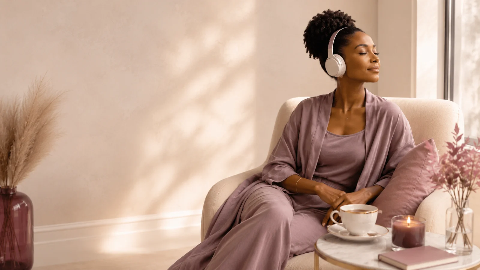 A calm, restful moment with headphones by a sunlit window