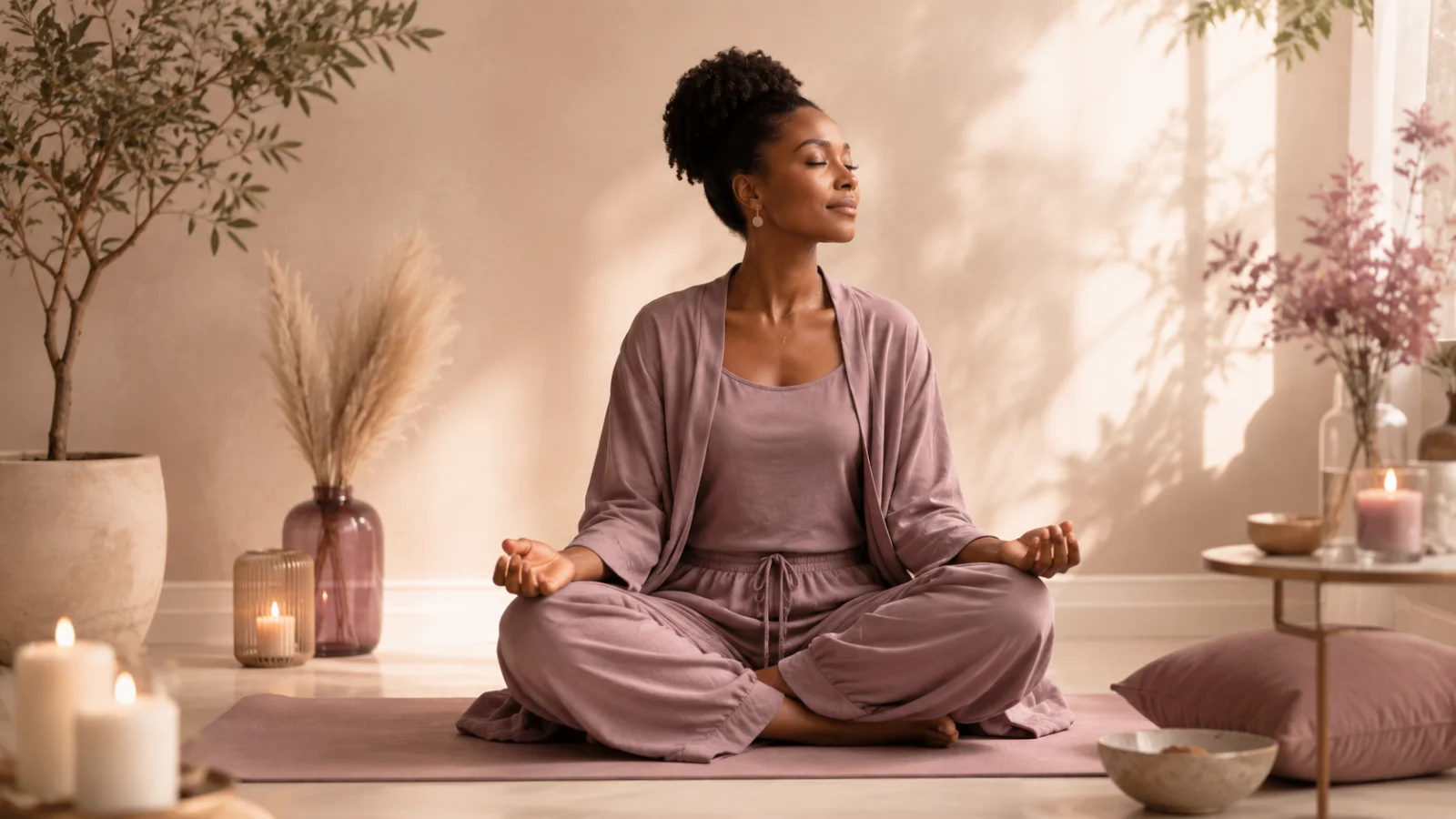 A woman meditating peacefully on a mat among candles and plants