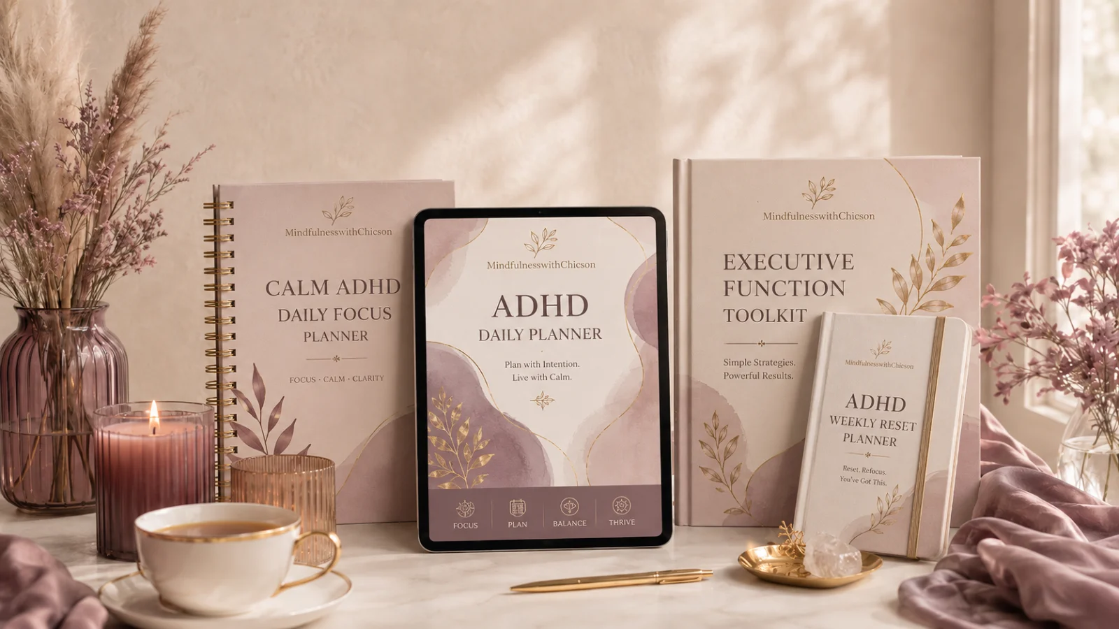 The MindfulnesswithChicson planner collection — Calm ADHD Daily Focus Planner, ADHD Daily Planner, Executive Function Toolkit and Weekly Reset Planner
