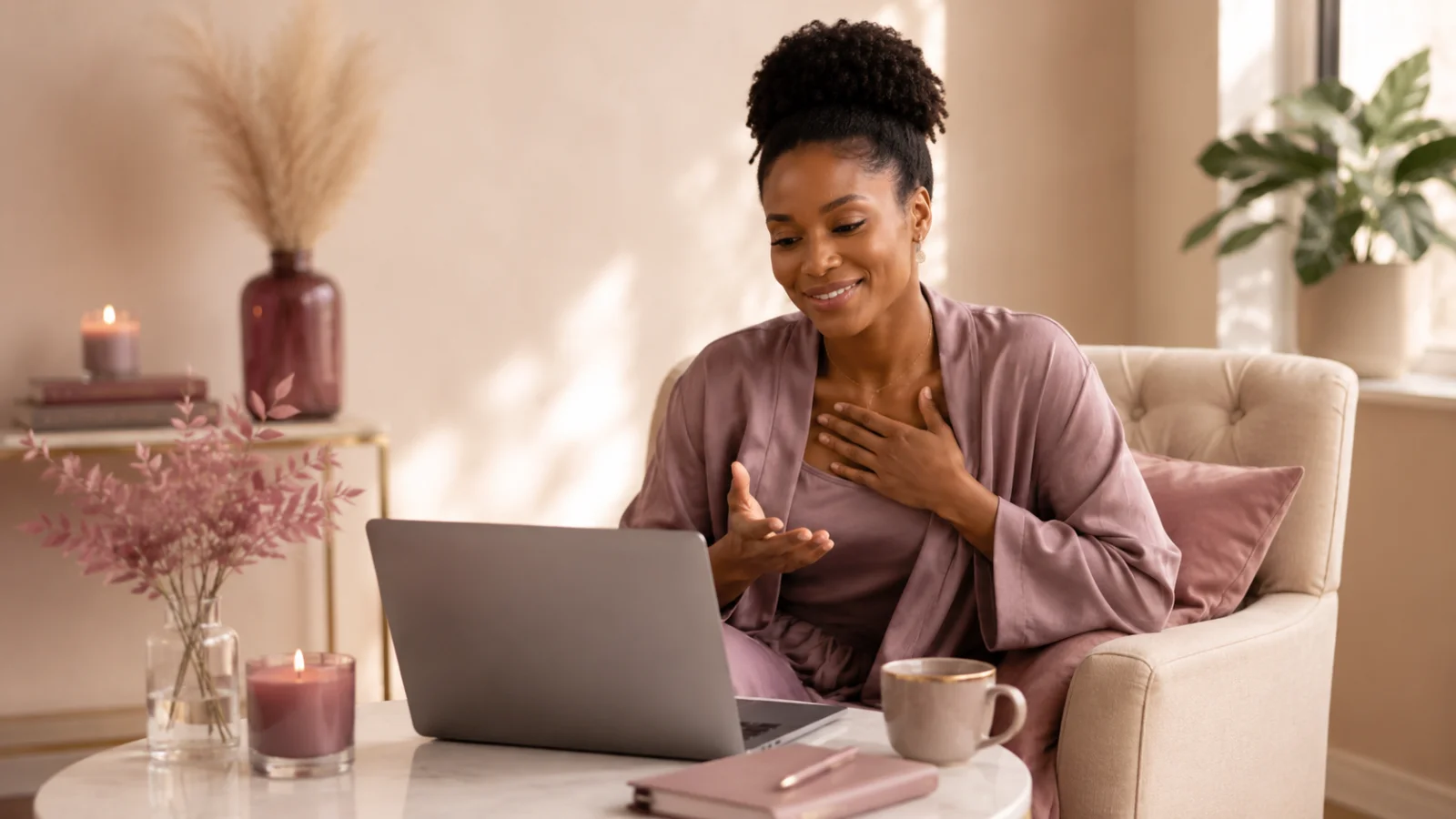 A woman smiling with her hand on her heart during a video call